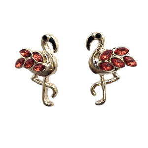 Flamingo Stud Earrings Gold Tone Red Rhinestone Bird Fashion Jewelry Cute
